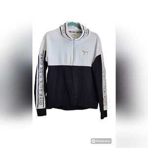 Victoria's Secret PINK Half Zip Pullover Black White Sequins Bling Dog Logo S